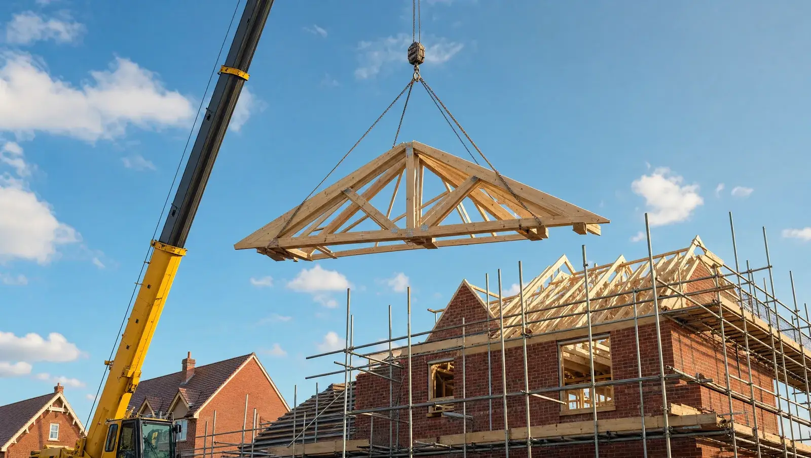 Crane lifting prefabricated timber roof trusses onto a new-build UK house