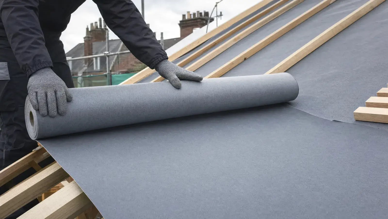Roll of breathable underlay membrane being unrolled across timber rafters on a pitched roof