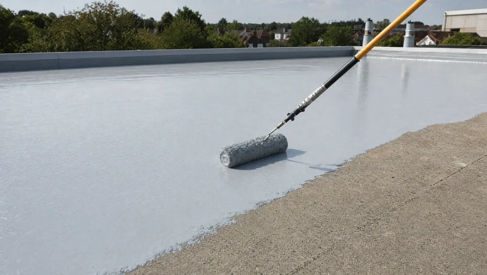 Silver-grey liquid waterproof coating being rolled onto a flat roof