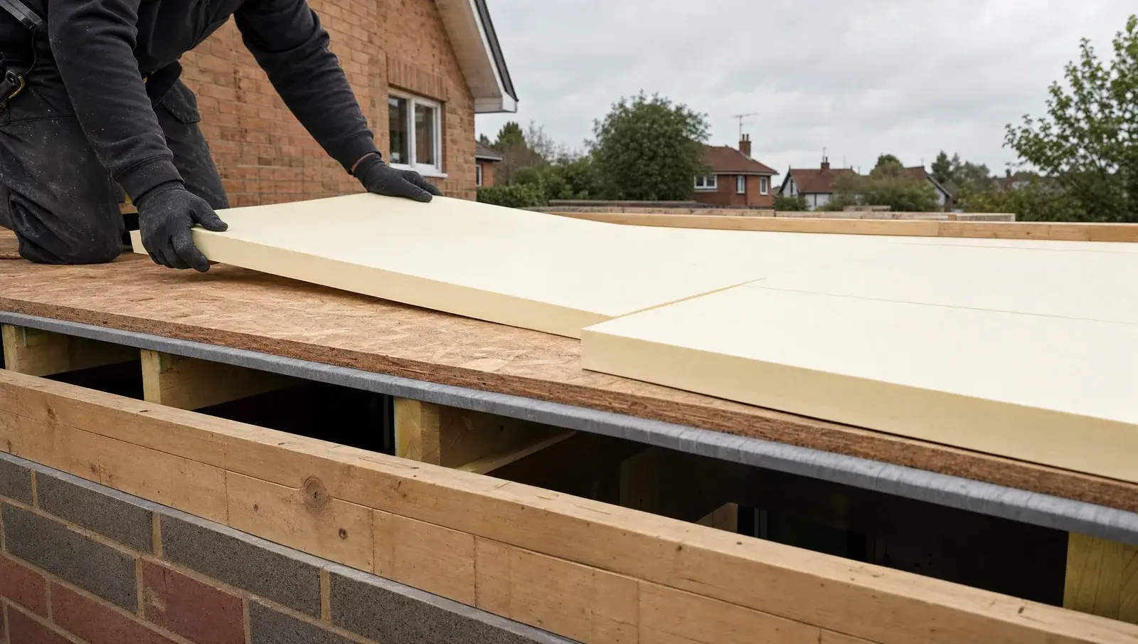 Rigid insulation boards being laid on a flat roof deck to form a warm roof build-up