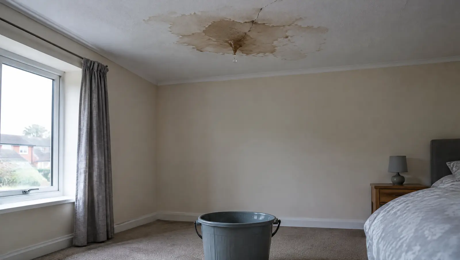 Brown water stain spreading across a white bedroom ceiling with a bucket on the carpet below