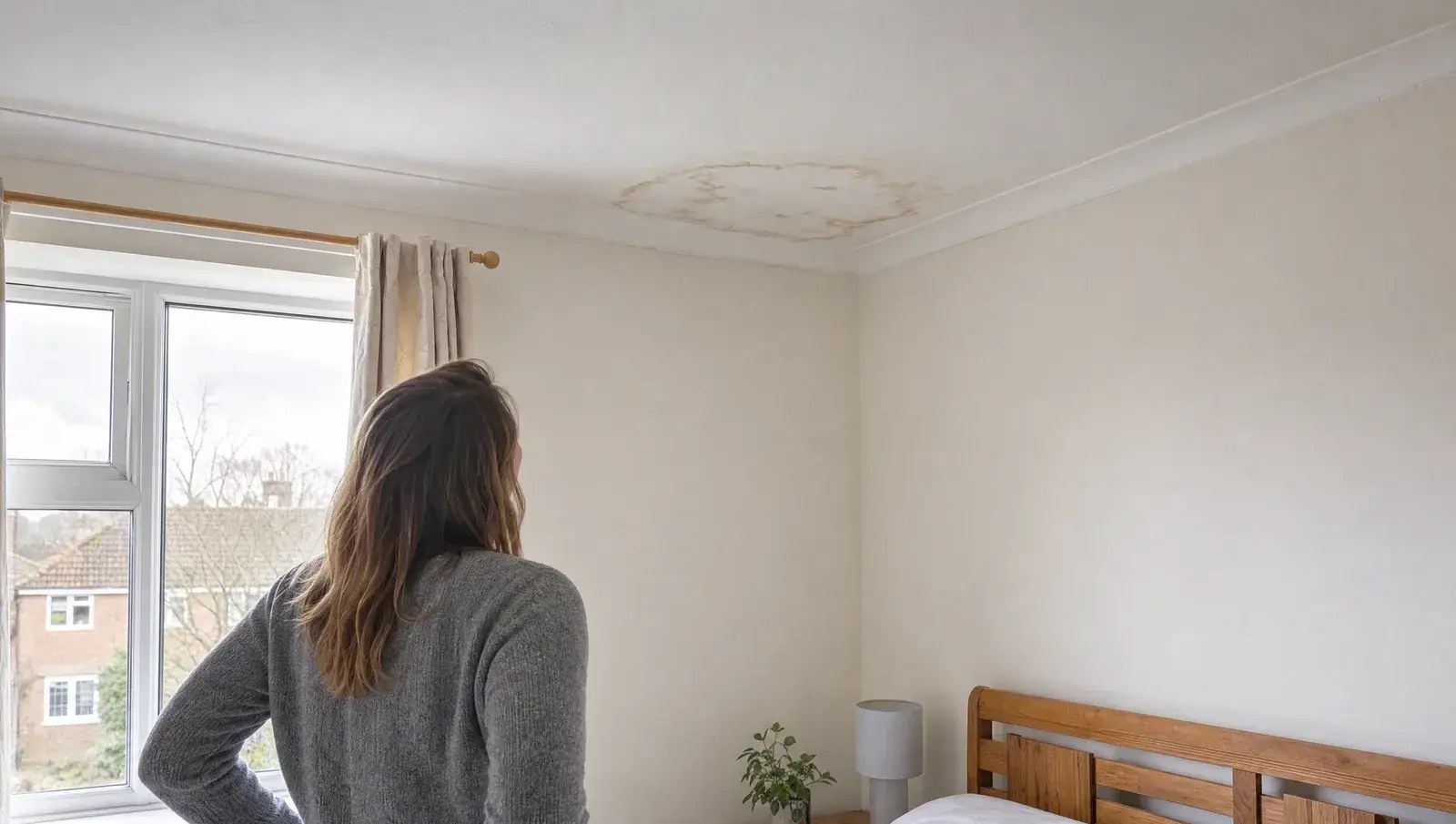 Homeowner looking up at a brown damp stain in the corner of a white bedroom ceiling