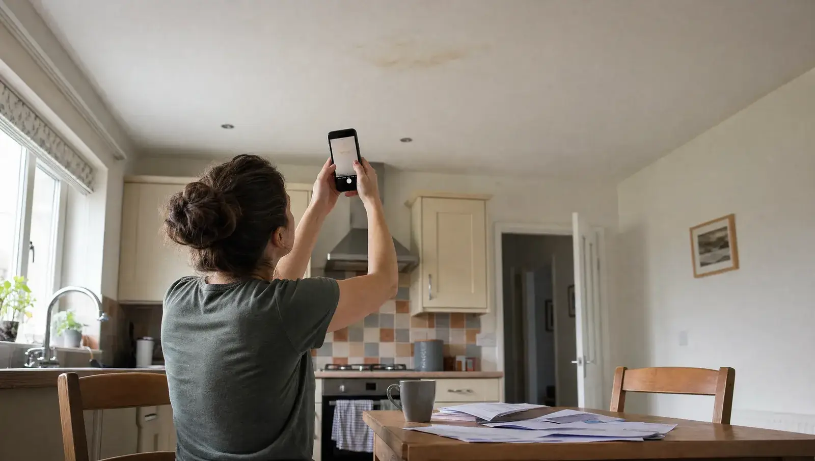 Homeowner at a kitchen table photographing ceiling water damage on a phone with insurance documents spread out