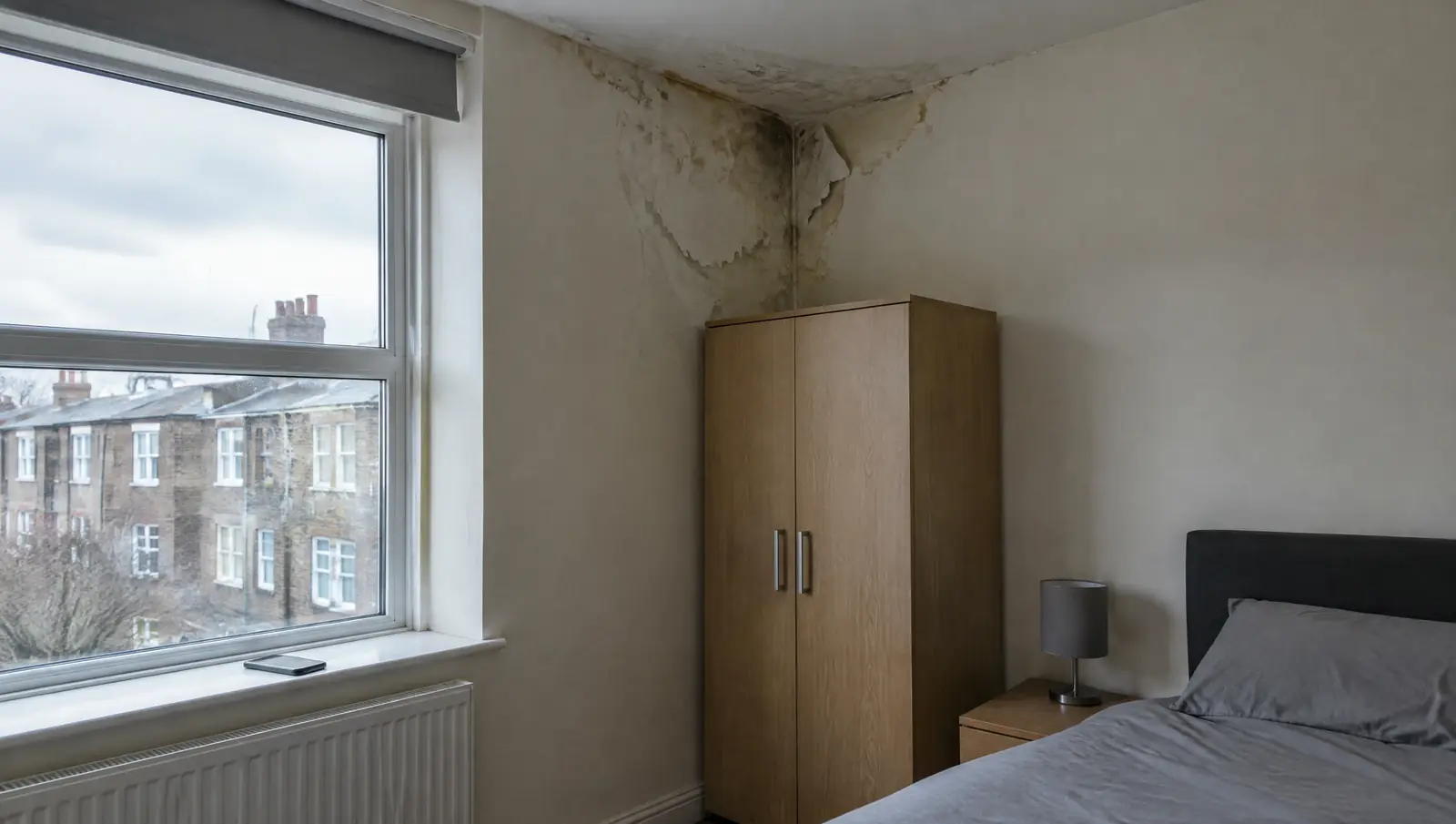 Damp patch and peeling paint in the corner of a rented British flat ceiling