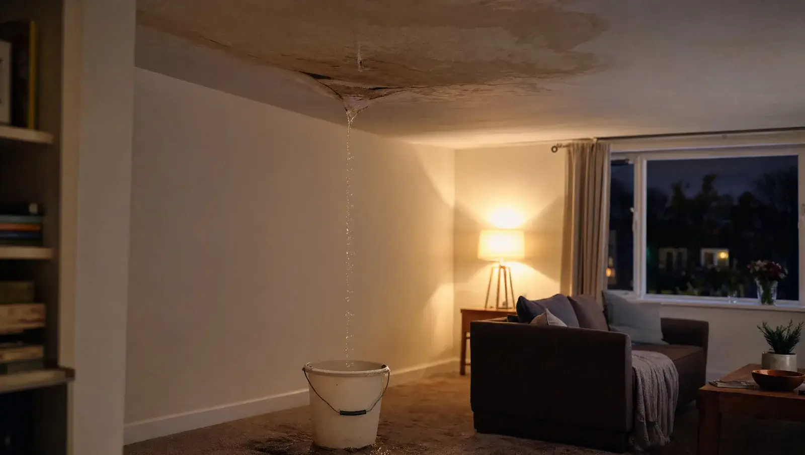 Water dripping from a damp ceiling into a bucket in a UK living room