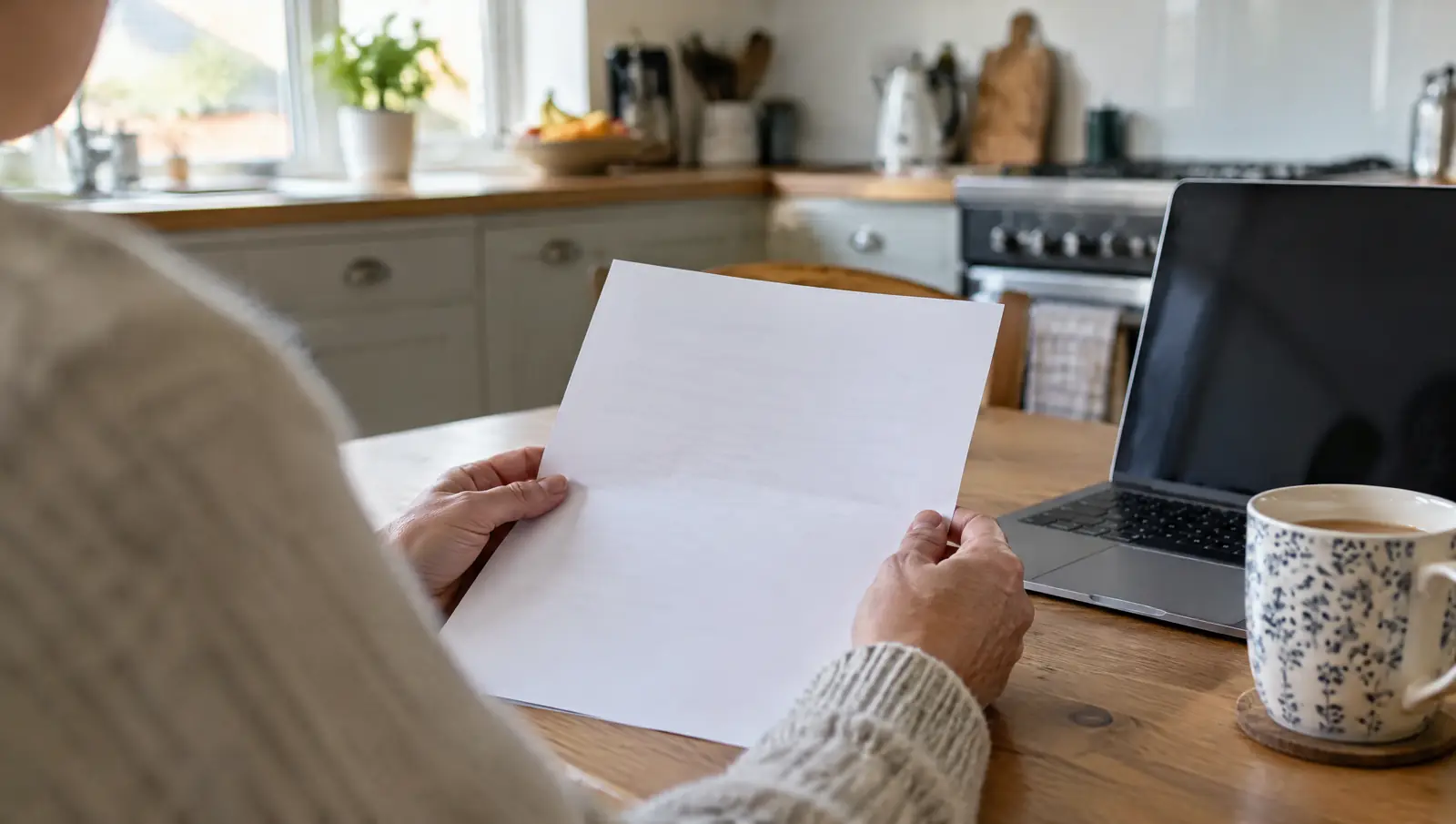 Person reading an insurance letter at a kitchen table with a laptop and a mug of tea