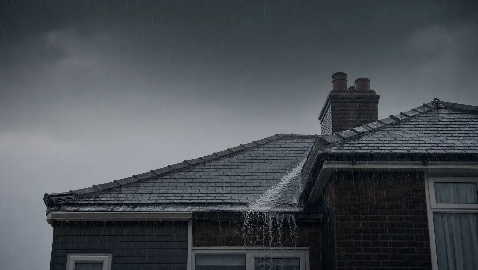 Torrential rain hammering a UK rooftop with water sheeting off the valley under a grey storm sky