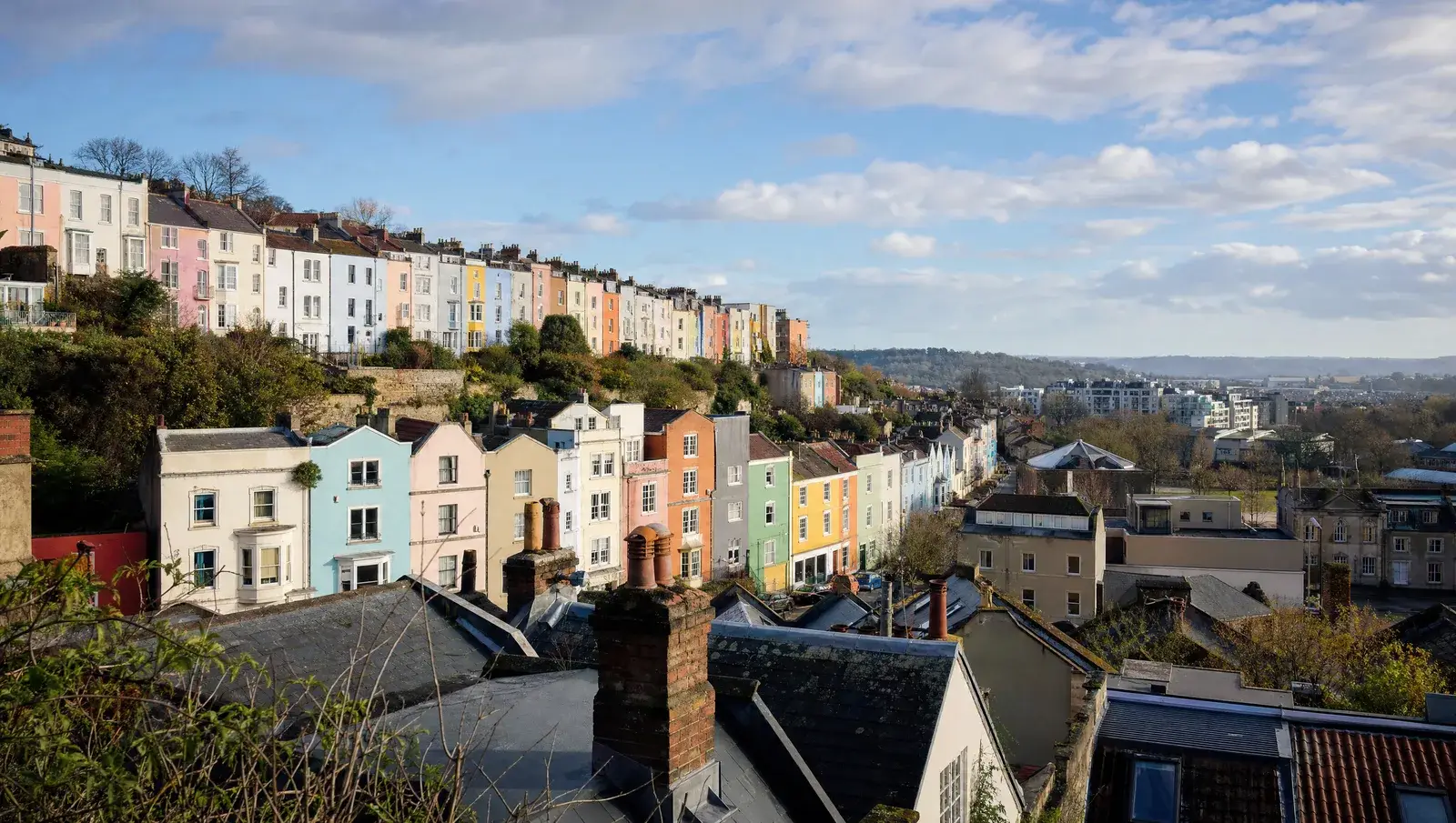 Bristol's colourful painted hillside terraces seen from rooftop level