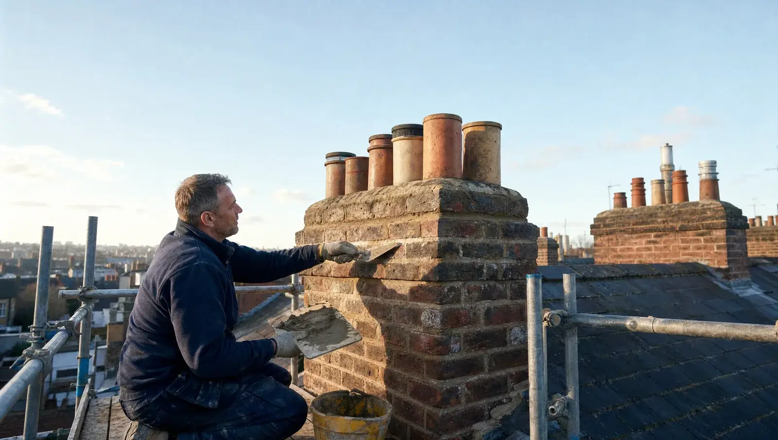Roofer repointing a chimney stack from a scaffold platform on a UK terraced roofline