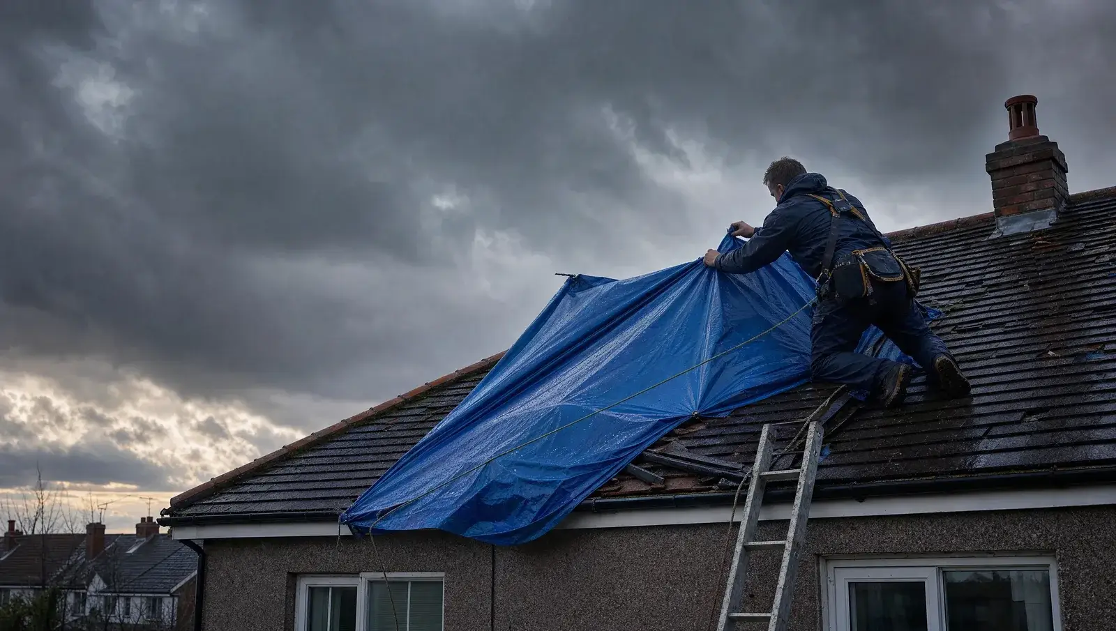 Roofer securing a tarpaulin over storm damage on a UK roof in wind and rain