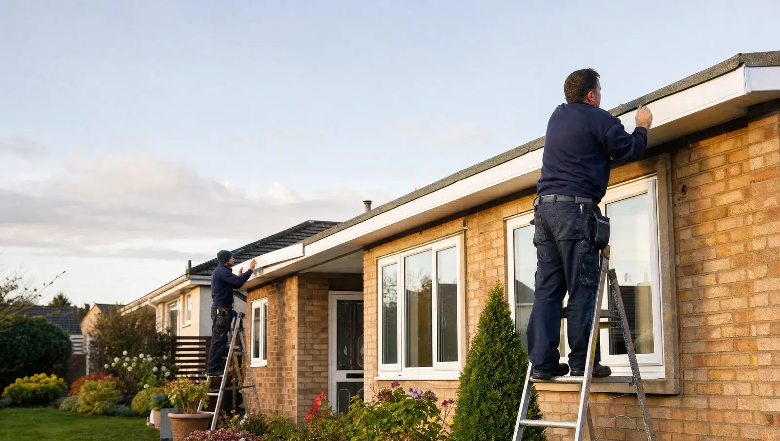 Installers fitting new white fascia boards along a bungalow roofline