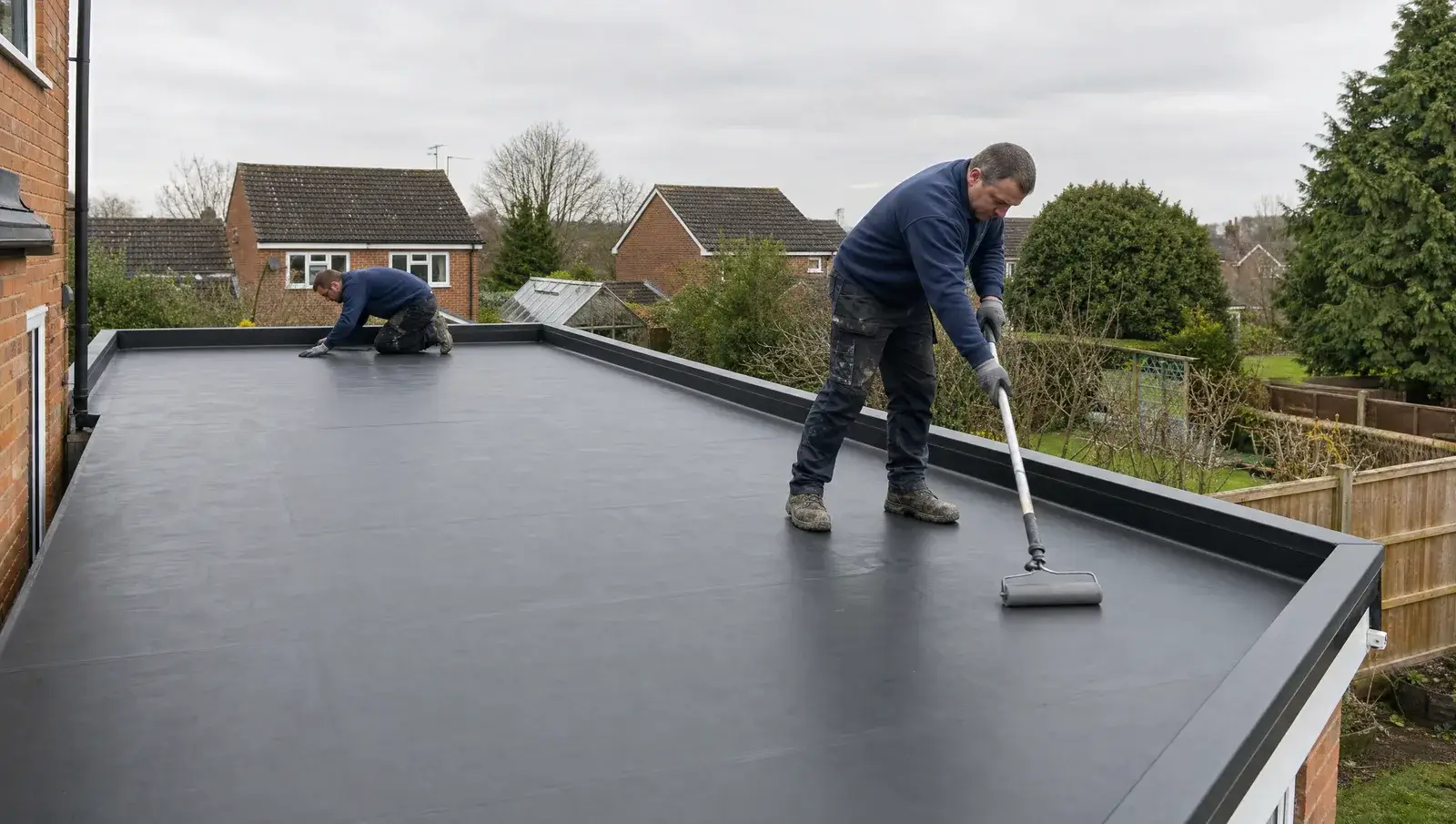 Roofers finishing a new EPDM rubber flat roof on a UK home extension