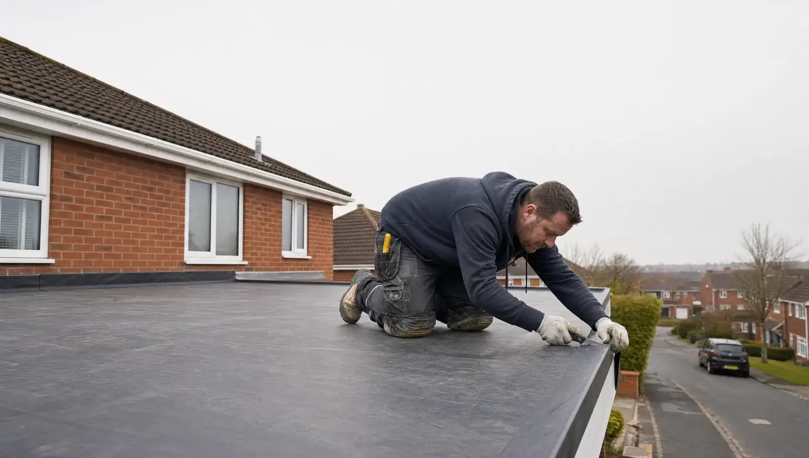 Roofer trimming the edge of a new EPDM rubber membrane on a double garage roof
