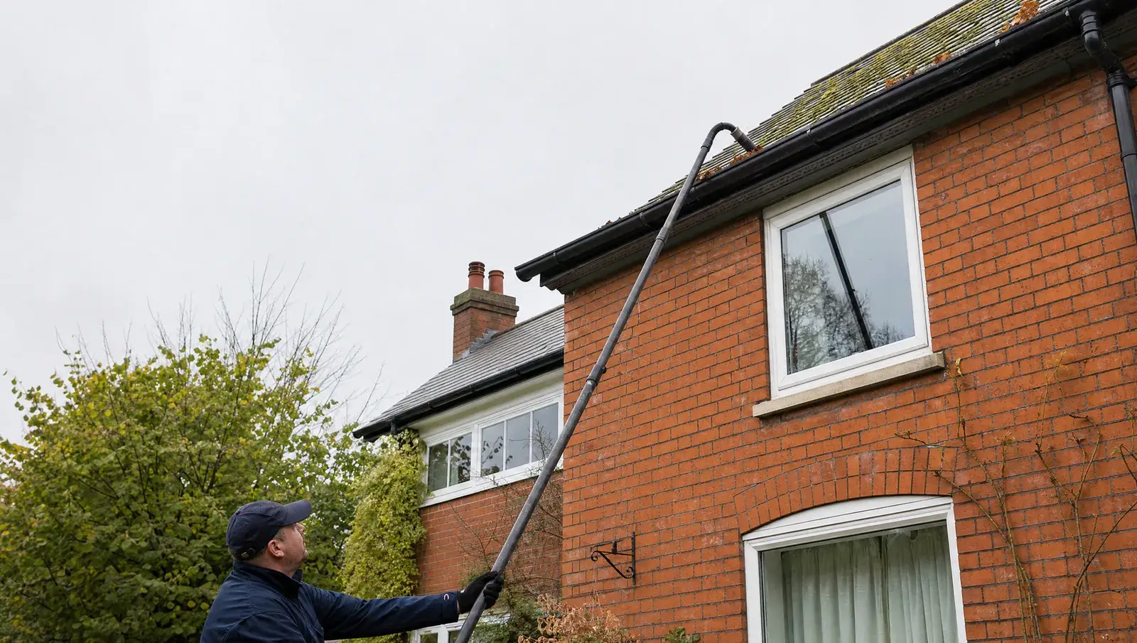 Technician cleaning gutters from the ground with a high-reach vacuum pole system