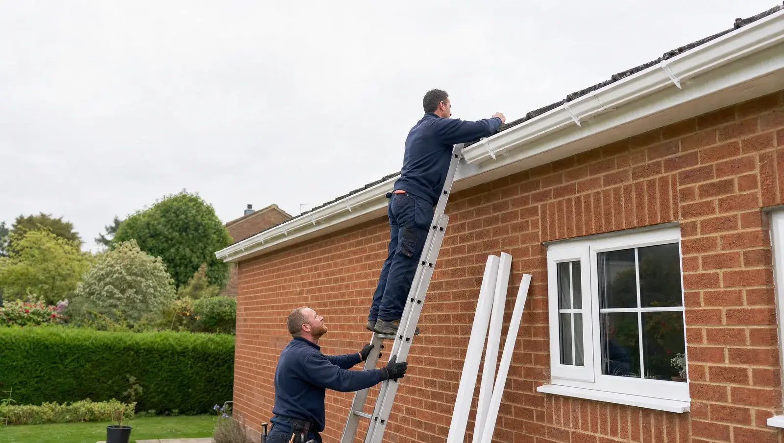 Installer replacing a full run of white uPVC guttering on a detached UK house