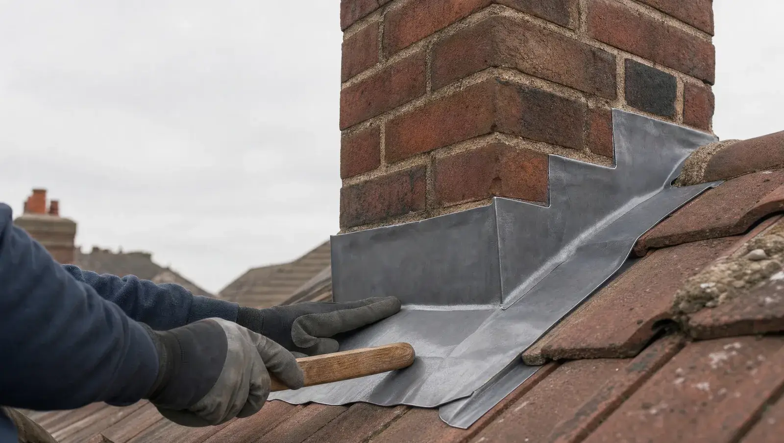 Craftsman dressing new lead flashing around a chimney base on a UK tiled roof