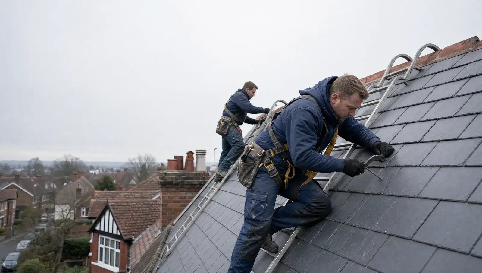 Roofers working on a steep pitched slate roof using roof ladders