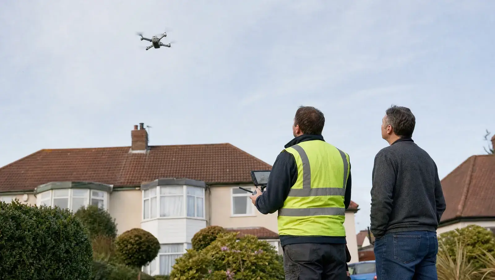 Surveyor flying a drone over a house roof with the homeowner watching