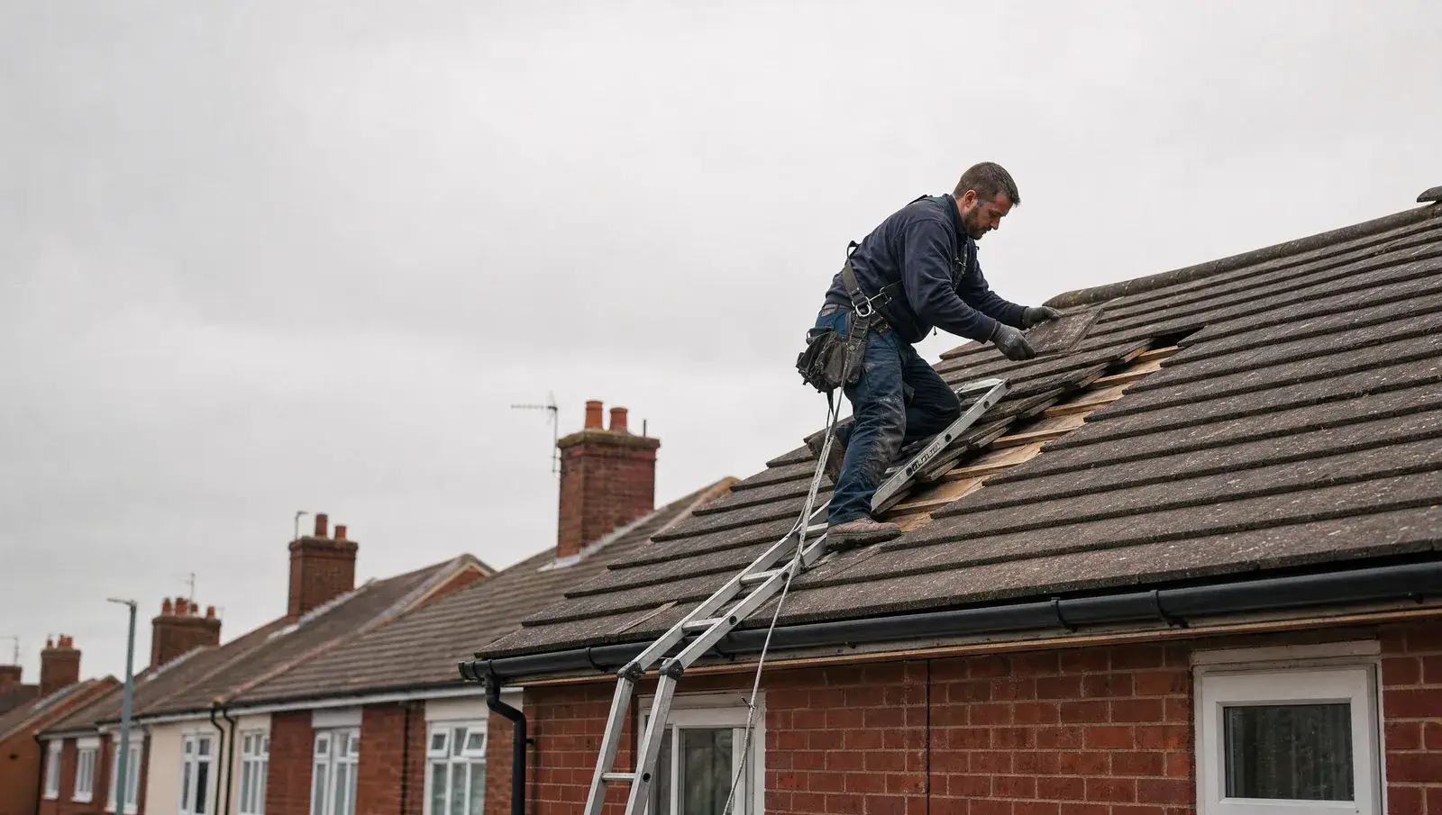 Roofer on a roof ladder replacing broken tiles on a UK semi-detached house