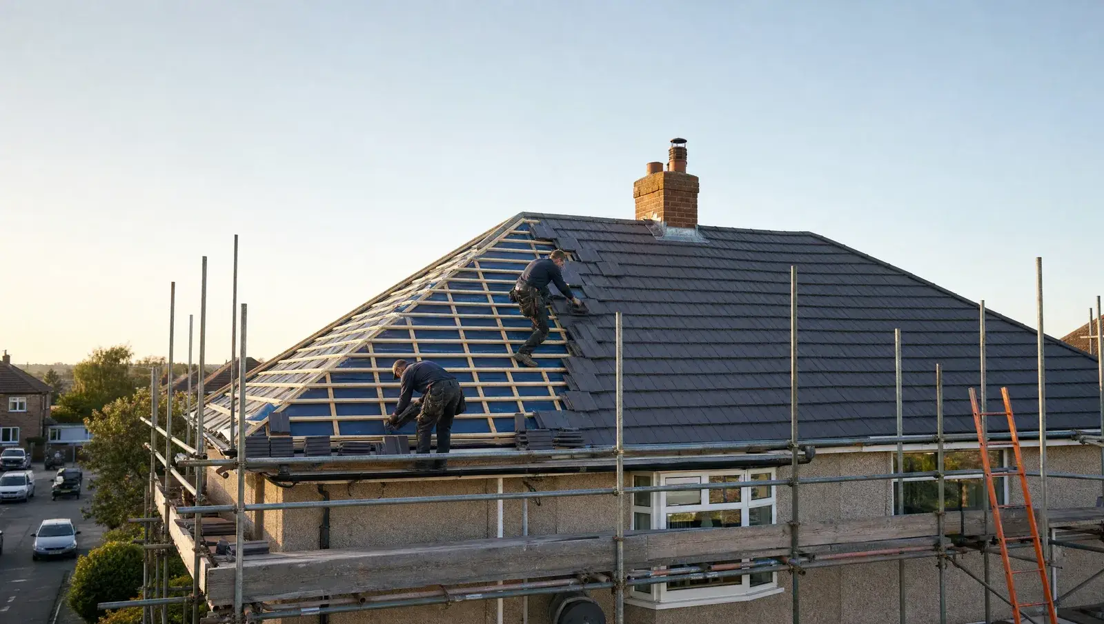 Roof replacement in progress on a scaffolded UK house, half stripped and half newly tiled