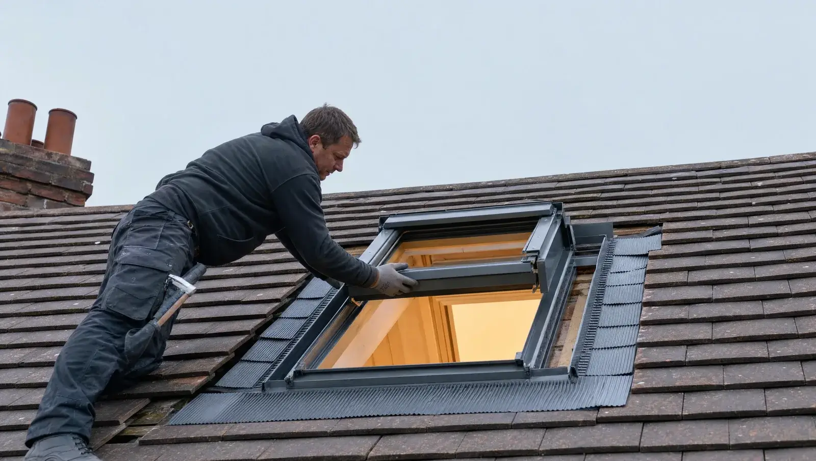 Roofer fitting a new roof window into a tiled pitch with the flashing kit visible