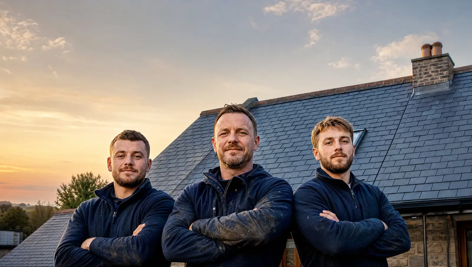 Verified UK roofing team standing proudly in front of a completed slate roof