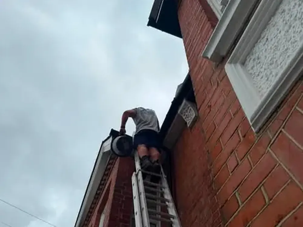 Gutter cleared by hand from the ladder
