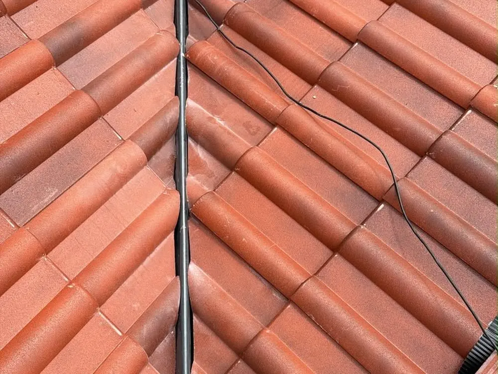 Close-up of a new dry ridge on red interlocking tiles
