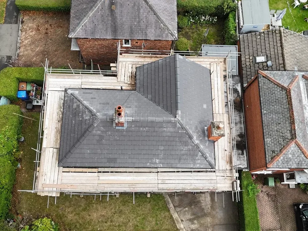 Aerial view of a completed re-roof in Beverley with the scaffold still in place